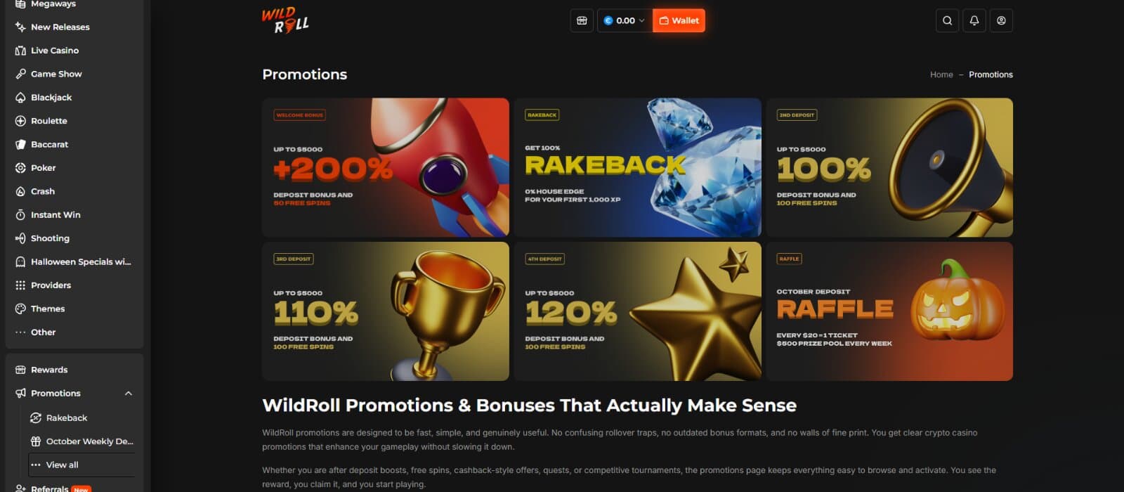 WildRoll Casino Promotions Page features welcome bonus packages, 100% rakeback trial promotions, and seasonal raffle promotions
