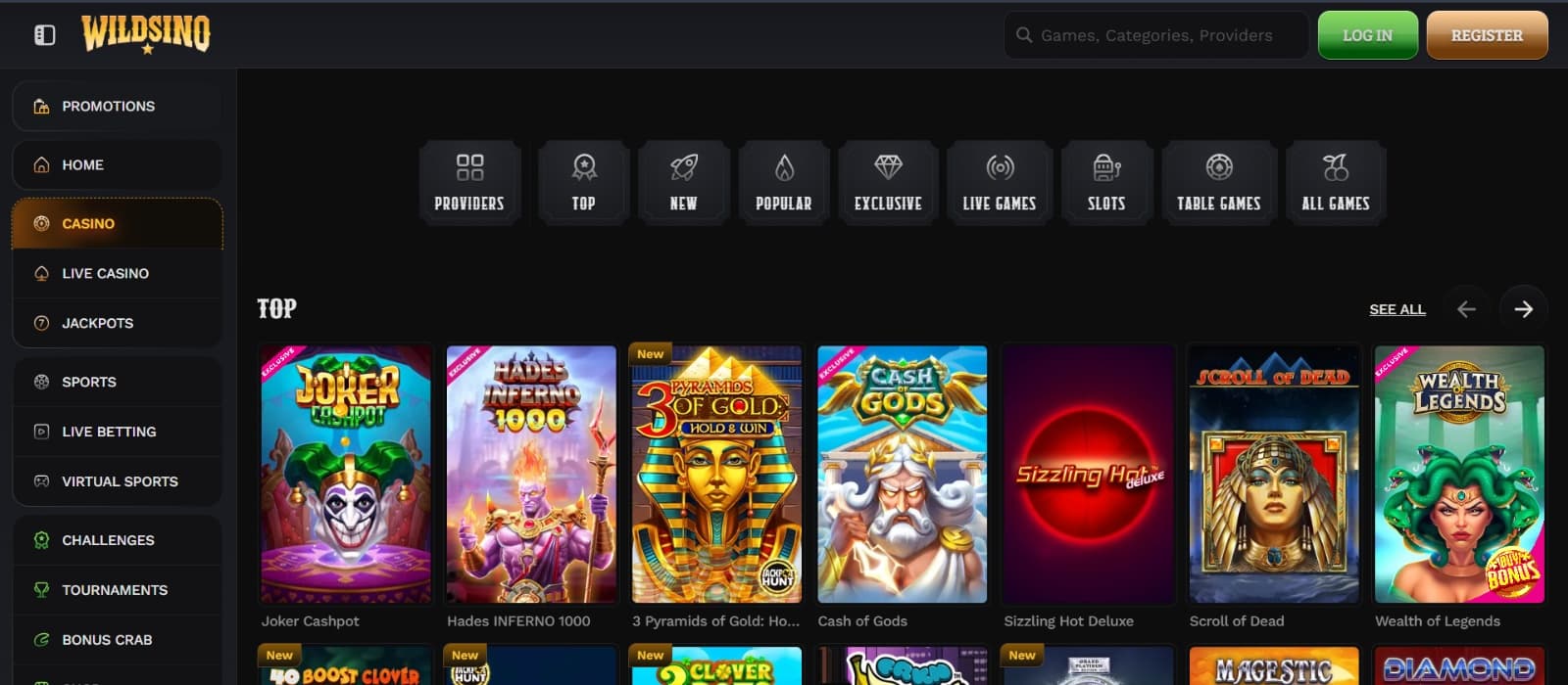 Wildsino casino games page with top slot titles under game category tabs