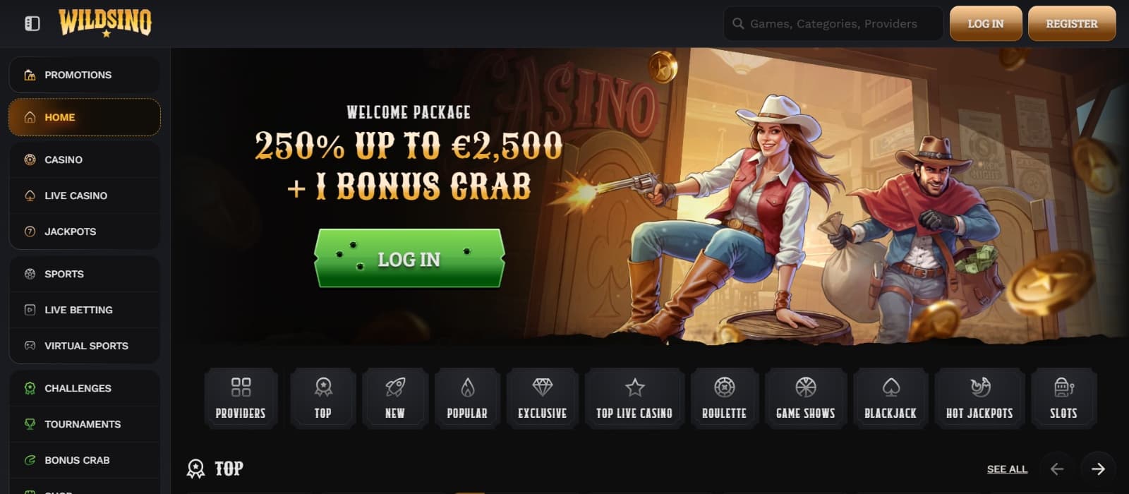 Wildsino casino landing page with 250% up to 2500 eur welcoome bonus banner with two outlaws