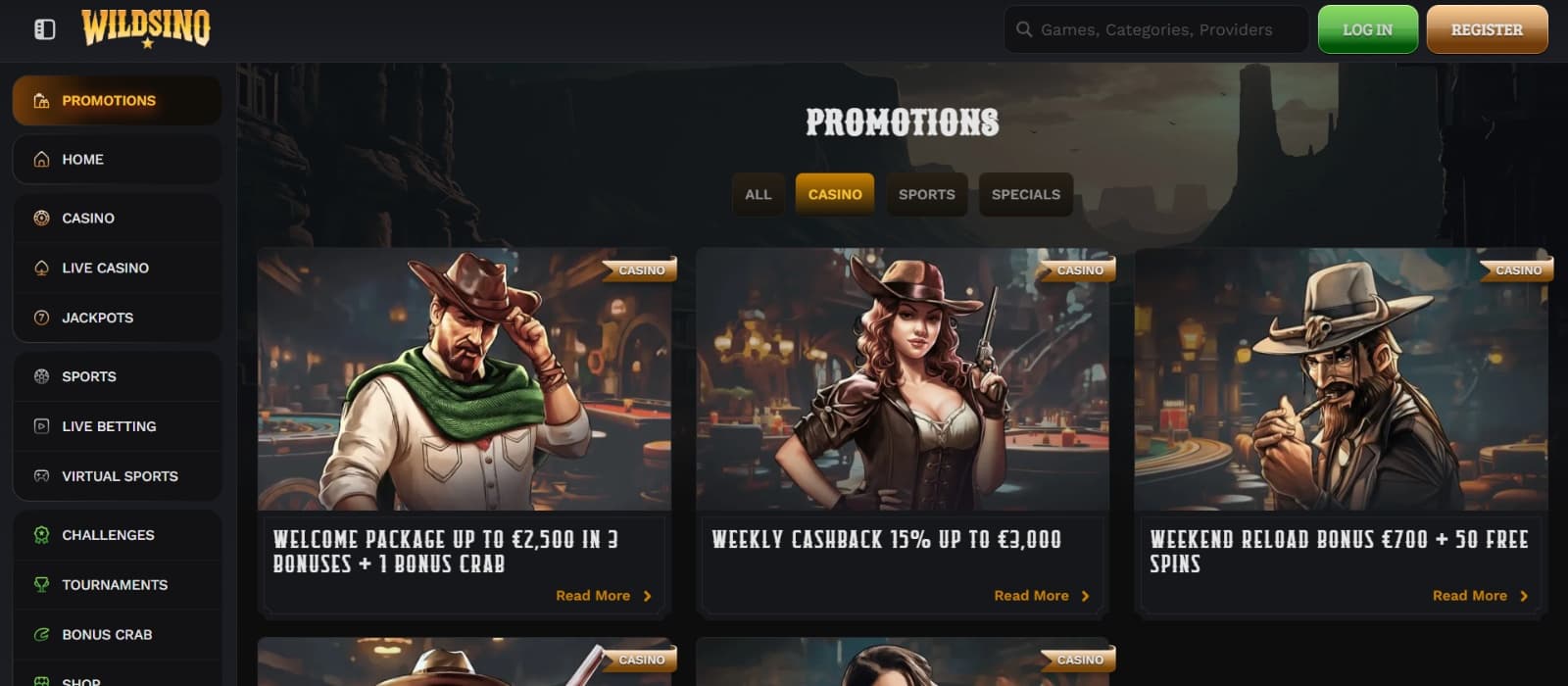 Wildsino casino promotions page with man and woman outlaws and cowboys presenting promotional offers 