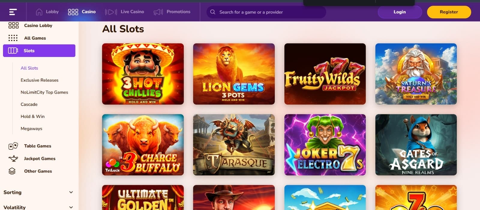 Wild Sultan's games page featuring all the slot titles such as Lion Gems, Fruity Wilds, and Gates of Asgard