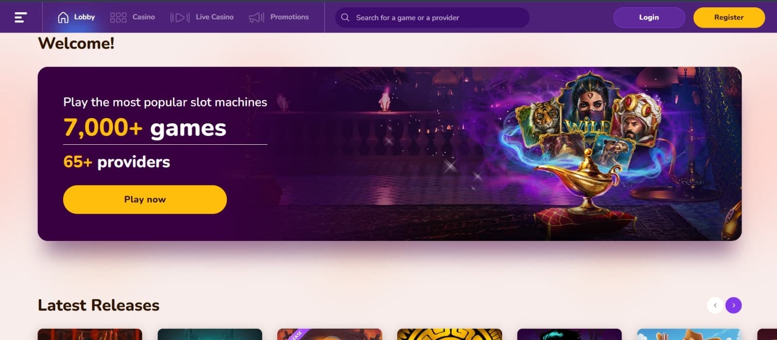 Wild Sultan casino's landing page featuring banner with 7000 games and magic lamp and genies image