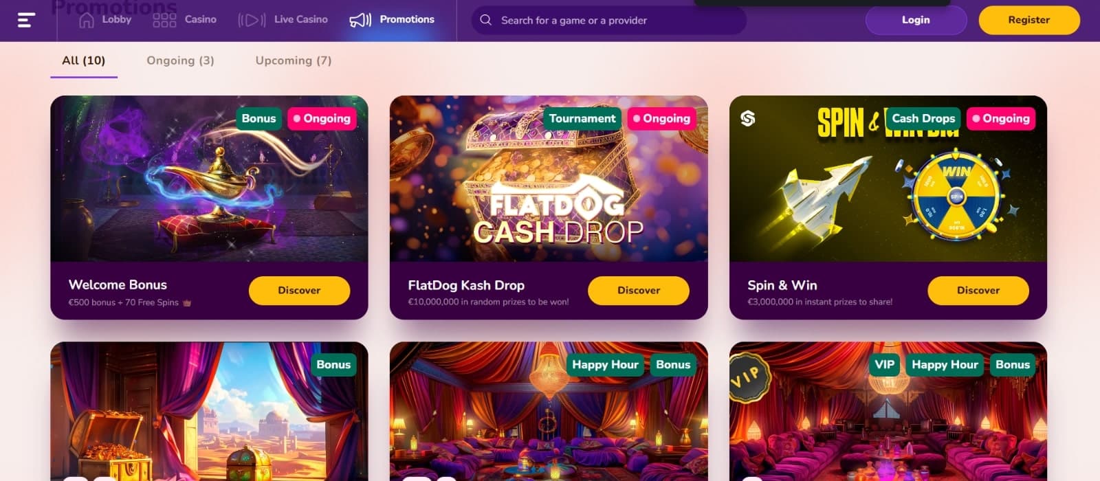 Wild Sultan Casino promotions page listing the welcome bonus of 500 euros, Kash drop, Spin & Win tournament, reload bonuses, VIP bonus and happy hour bonus