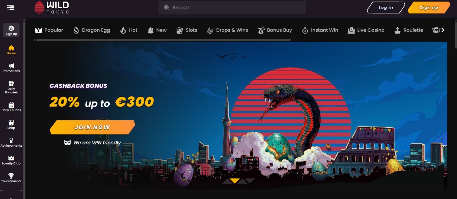 Wild Tokyo Casino landing page with cashback bonus promo on giant snake banner 