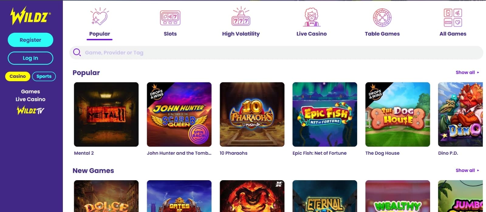 Wildz Casino games page featuring popular slots like John Hunter and the Tomb of the scarab queen, The Dog House, and many others
