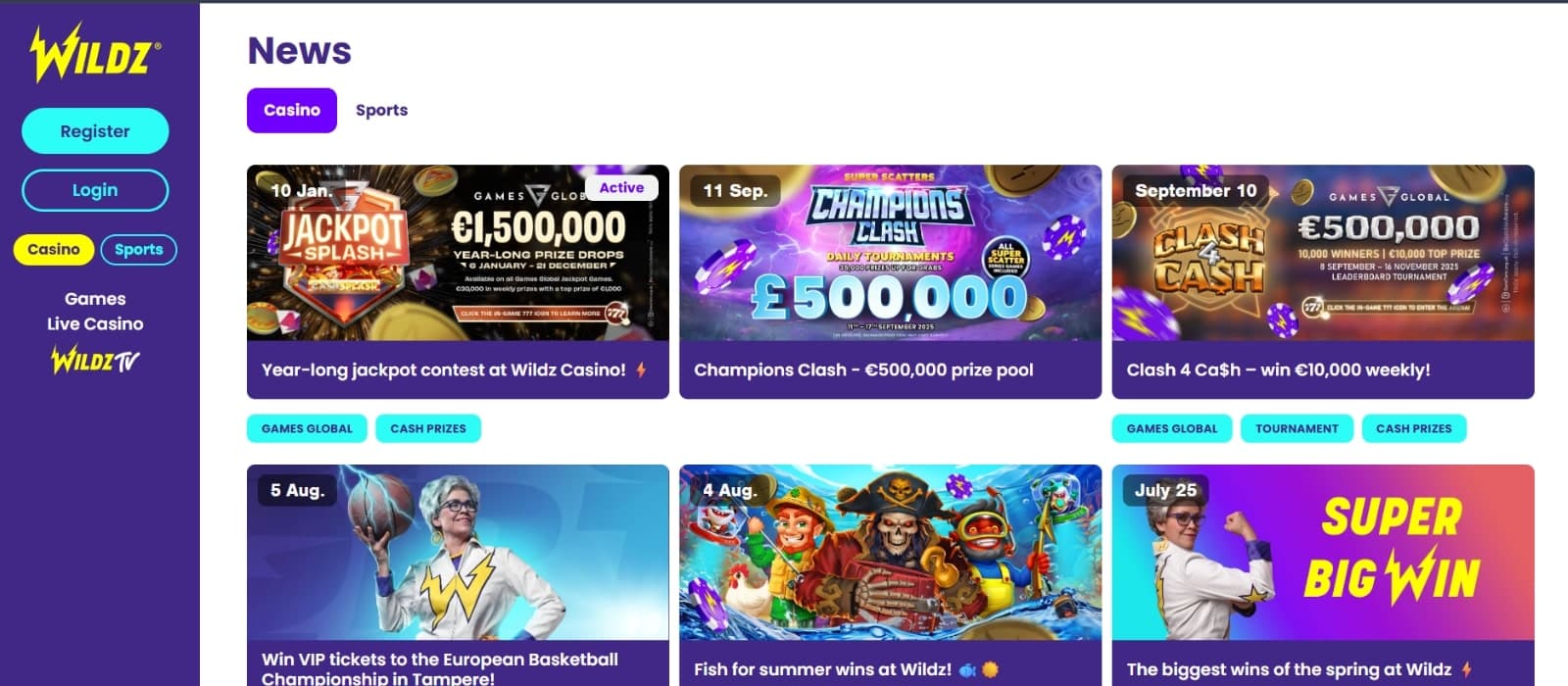 Wildz Casino promotions page featuring the jackpot campaign and former cash prizes and free spins