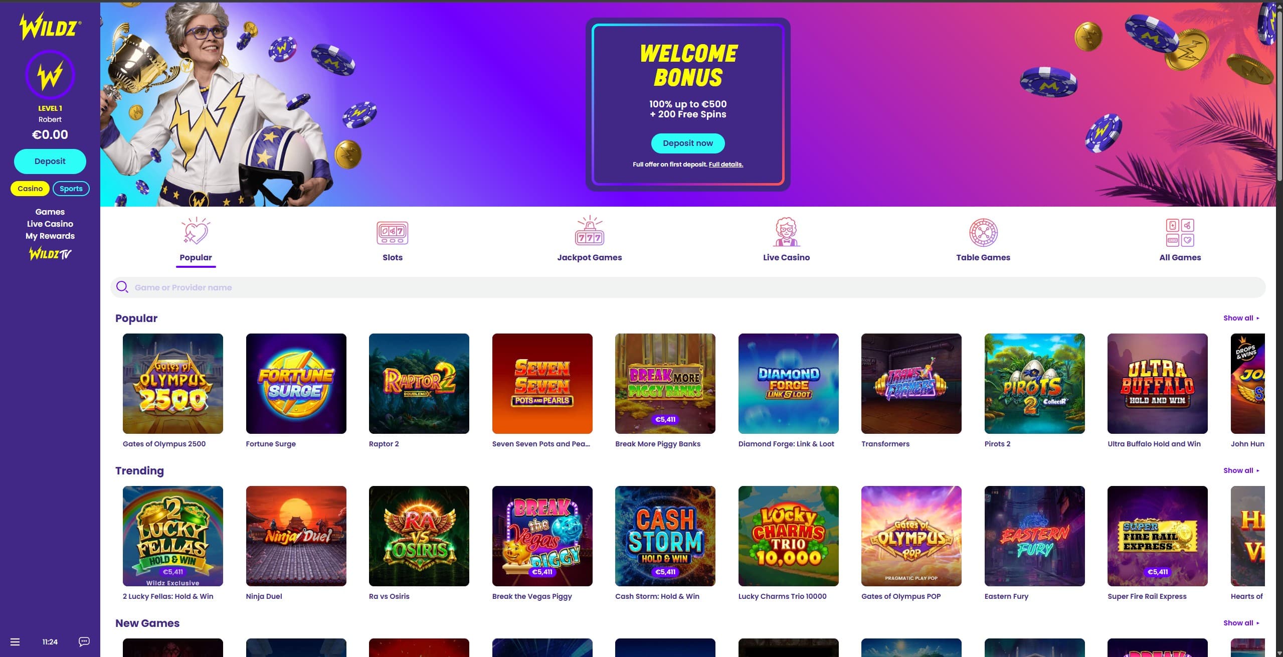 Wildz Landing Page showing a selection of games and the main menu