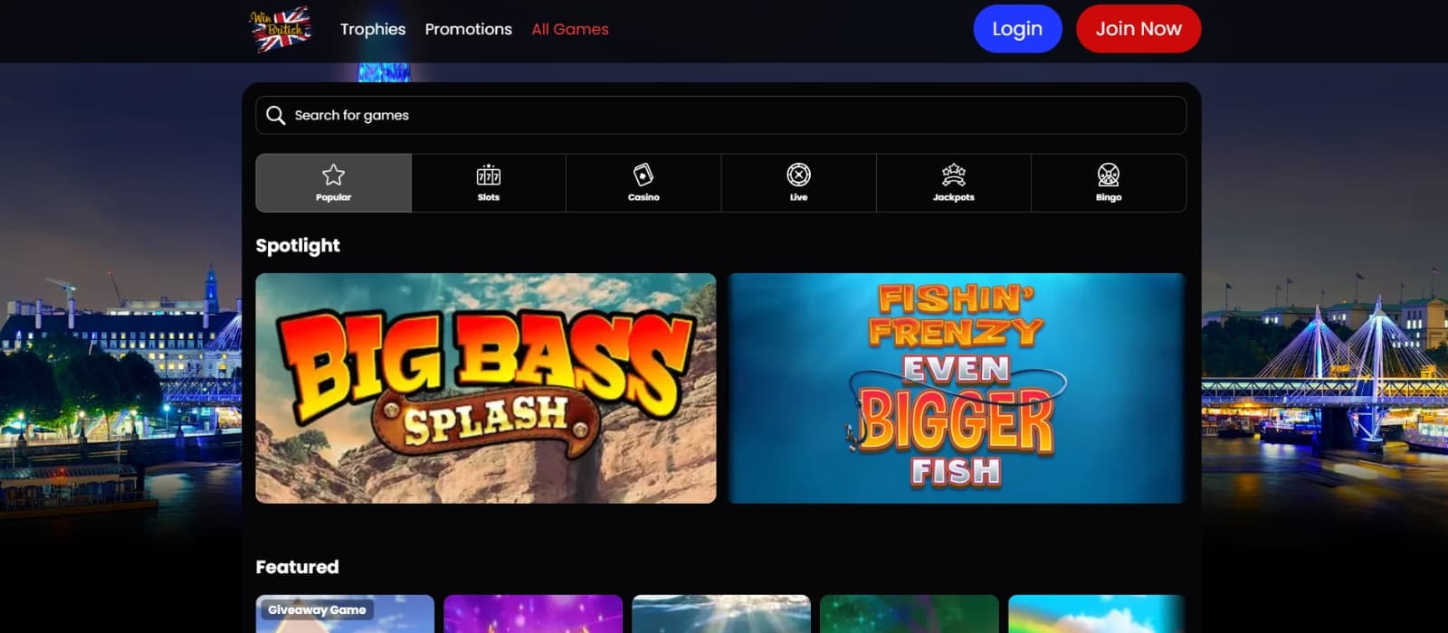 Win British Games page with Big Bass Bonanza and other Fishing slot games