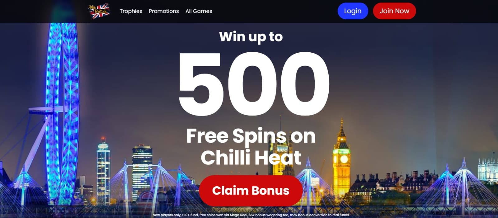 Win British Casino Landing page with London Eye, Big Ben and Buckingham Palace background image