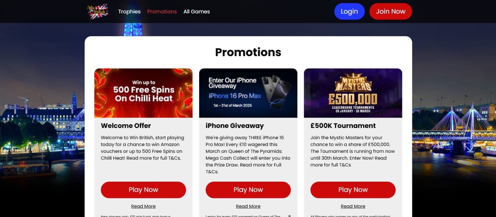 Win British Casino promotions page with 500 Free Spins on Chilli Heat and iPhone  16 Pro Giveaway