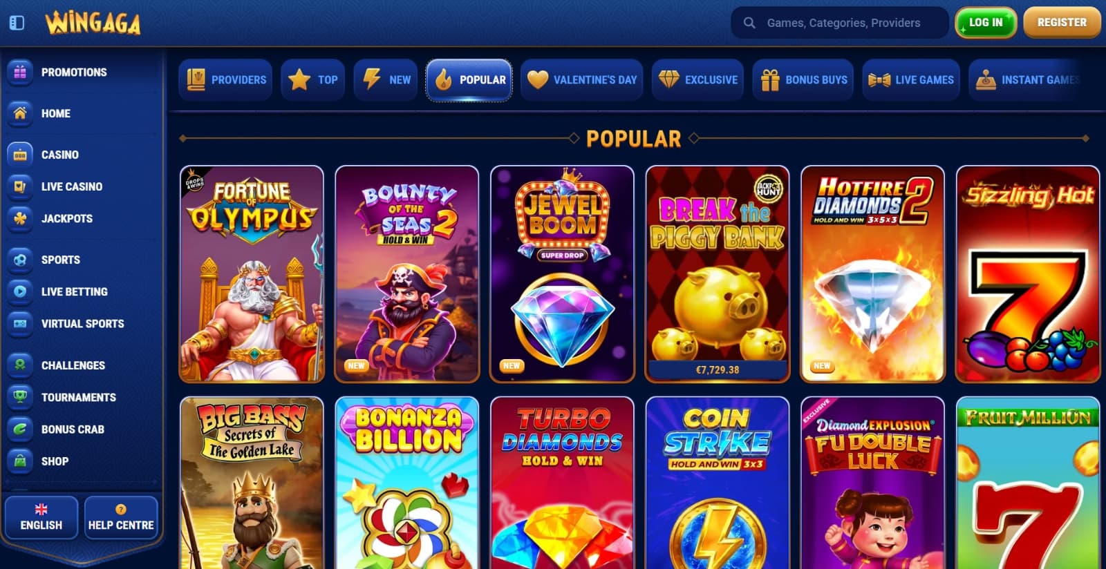 Wingaga Casino games page with the popular slot icons, under game category tabs and left side menu