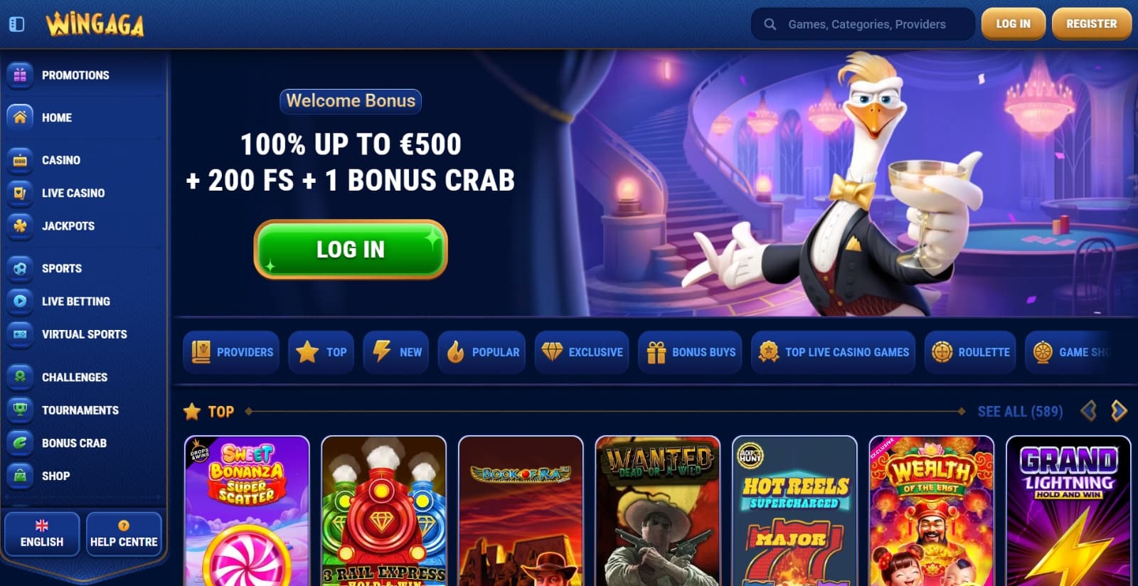 Wingaga Casino landing page with the 500 euro and 200 free spins welcome bonus offer banner showing the goose mascot and side navigation bar with game categories below