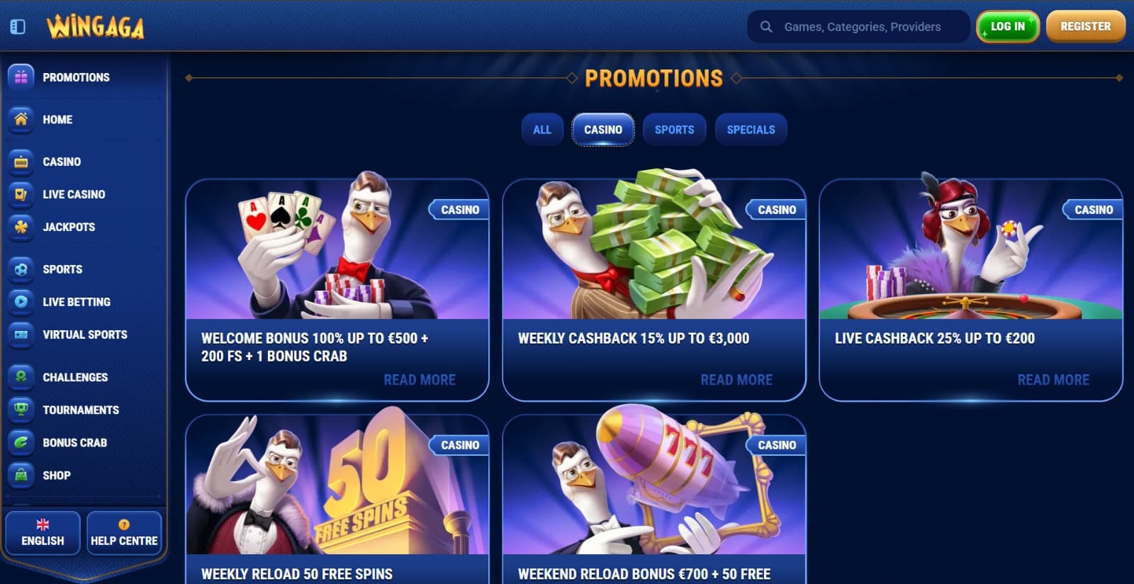 Wingaga Casino  promotions page with the welcome offer, cashback , weekly and weekend reload bonuses with their respective banners with the goose character