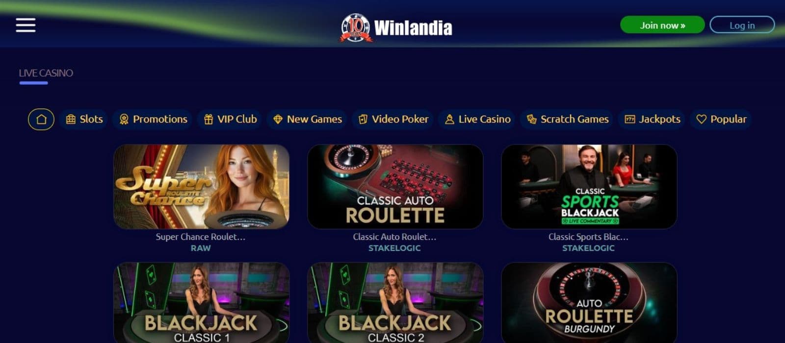 Winlandia Casino's live games section, showing variations of roulette and blackjack.
