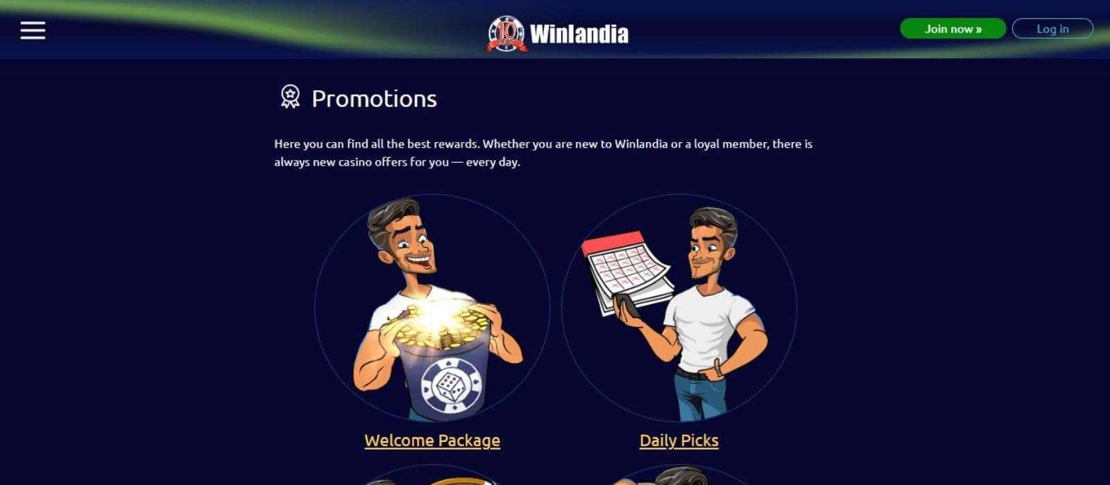 Winlandia Casino's promotions page, showing the welcome bonus and the Daily Picks offer.
