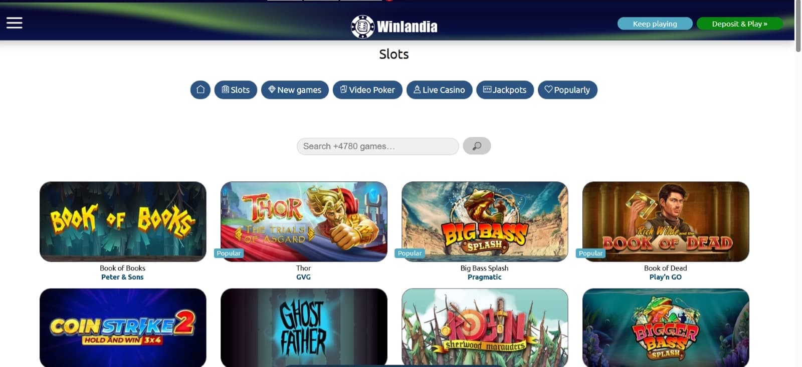 Winlandia Casino games page listing all the slot games supported on the platform such as Big Bass Splash and Book of Dead