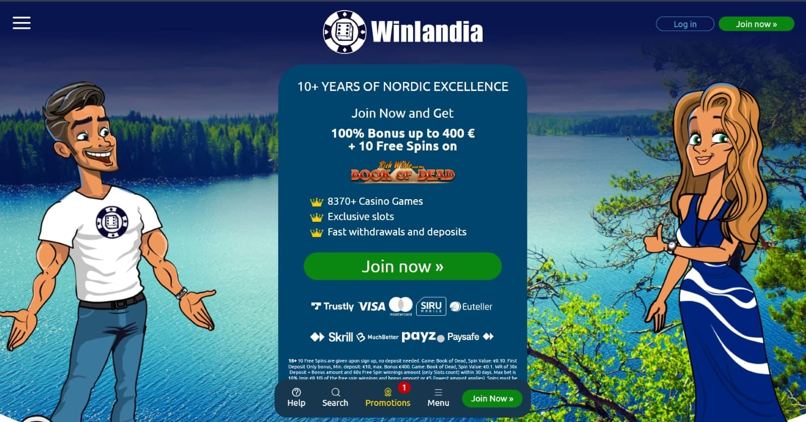 Winlandia Casino landing page featuring the 100% up to 400 euros and 10 free spins bonus presented by the man and woman cartoon characters