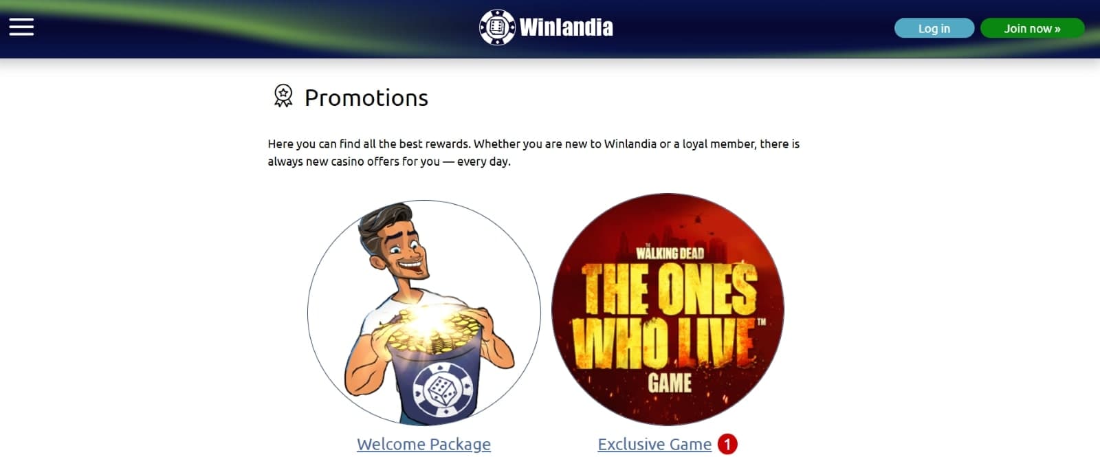Winlandia Casino promotions page listing the welcome package and early release of Walking Dead Slot from Playtech