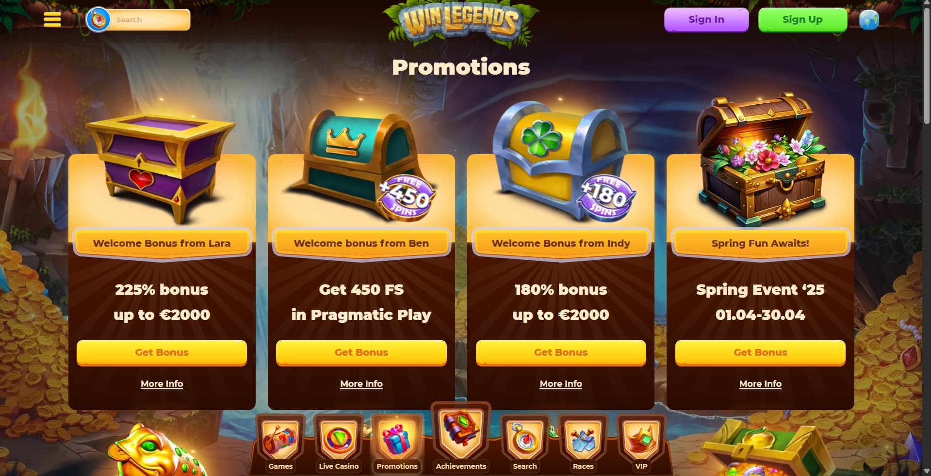 WinLegends Casino promotions page with welcome bonuses and Spring event on images of treasure chests 