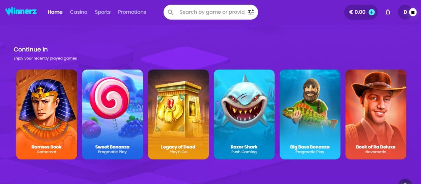 Winnerz Casino Landing Page showing recently played games including Ramses Book, Legacy of Dead, Razor Shark, Big Bass Bonanza, and Sweet Bonanza.