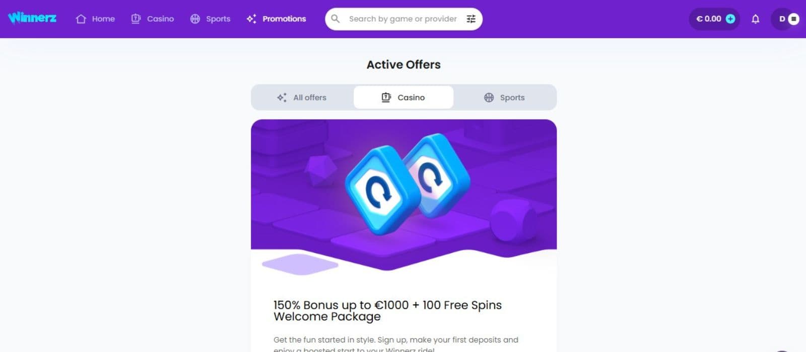 Winnerz Casino Promotions Page showing the welcome package of 150% up to €1,000 plus 100 free spins.