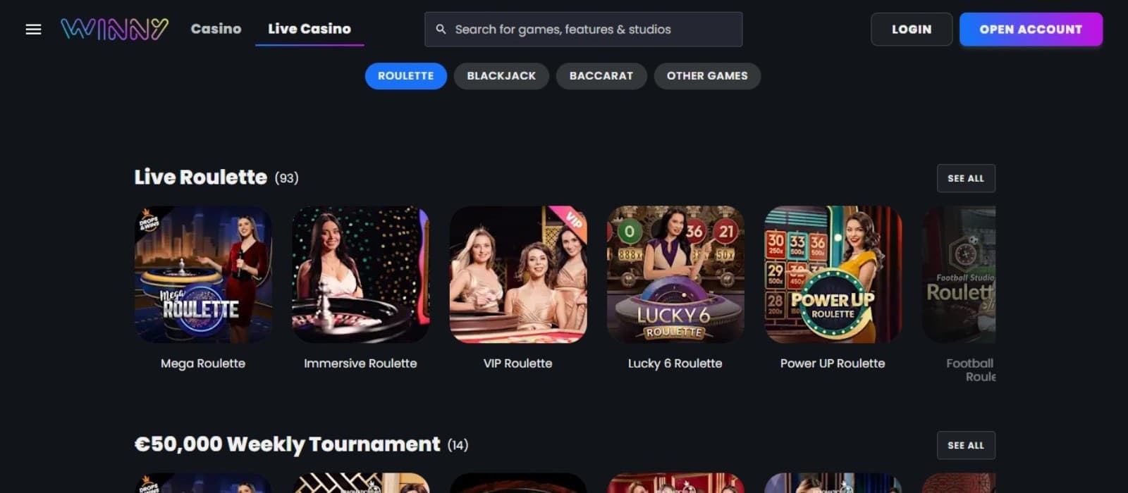 Winny Casino's live games section, showing variations of roulette.