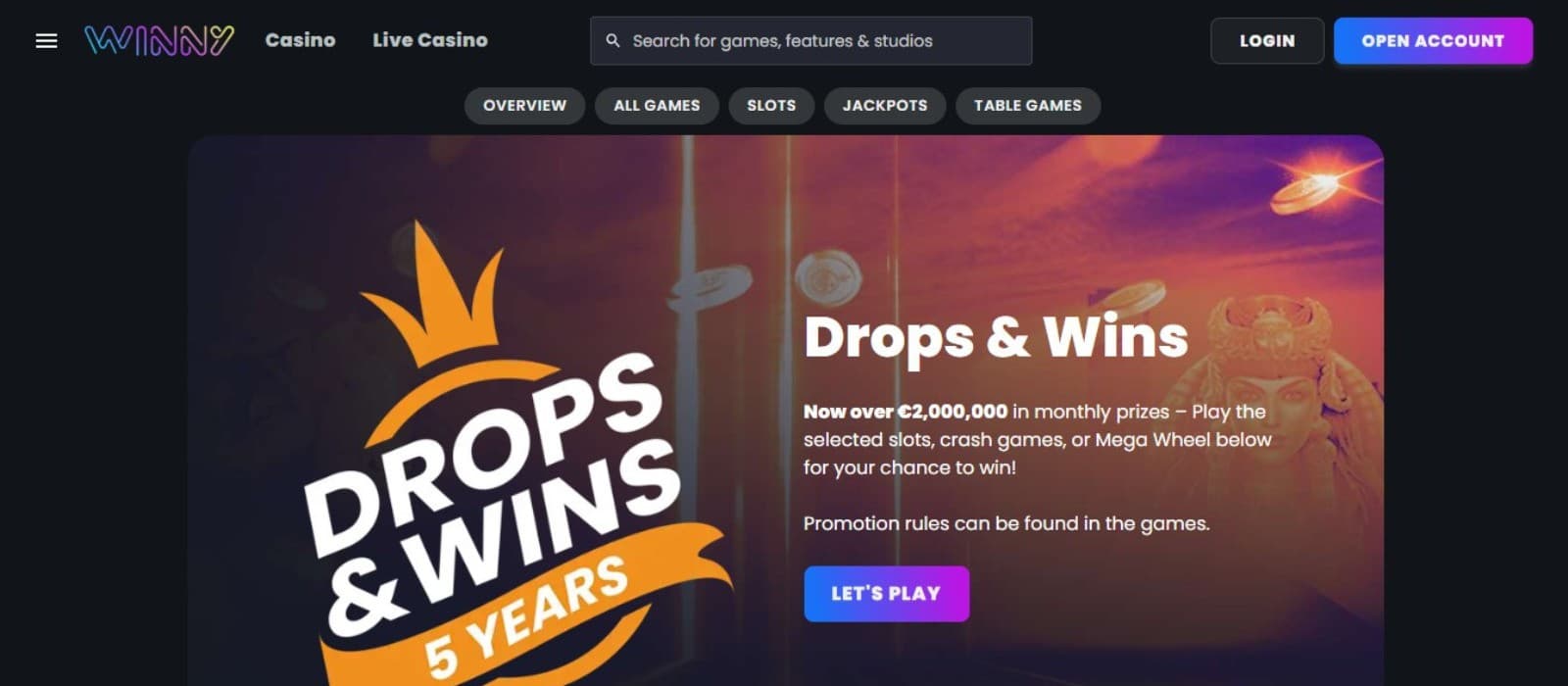 Winny Casino's tournaments page showing the Drops & Wins campaign.