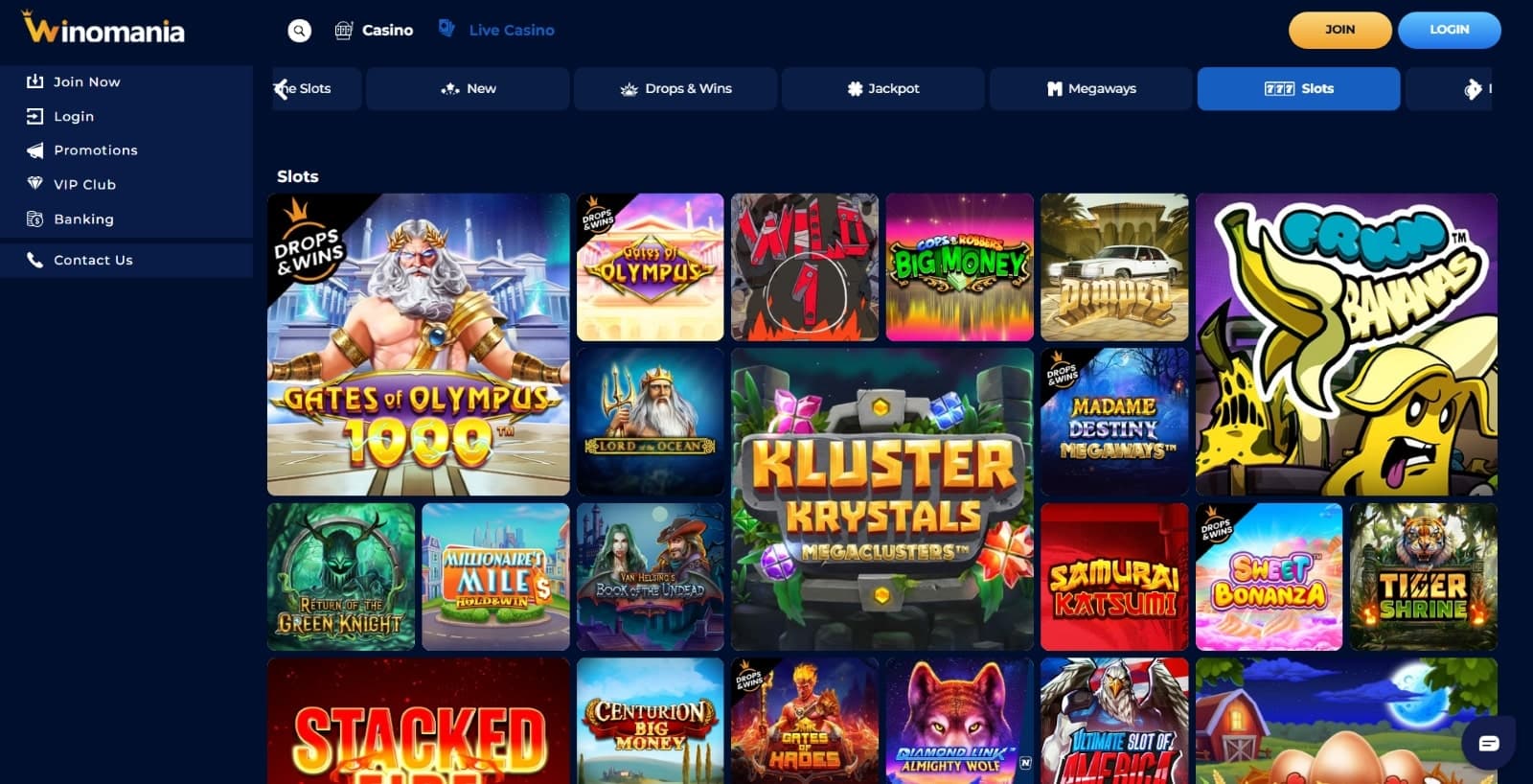Winomania Casino games page featuring slots such as Gates of Olympus and Sweet Bonanza
