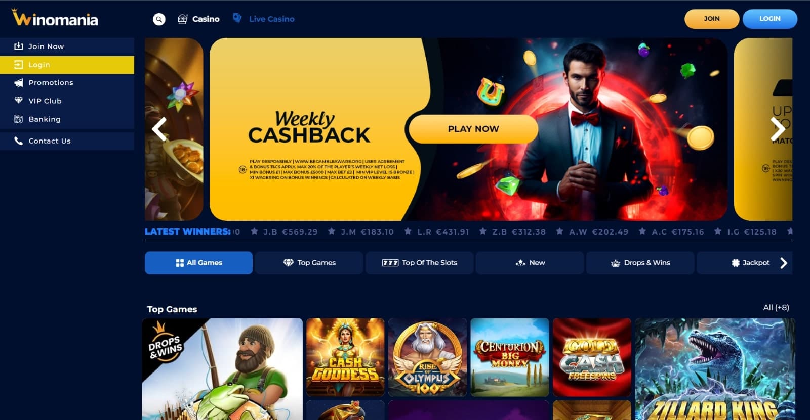 Winomania Casino landing page featuring weekly cashback offer with man in suit on image banner