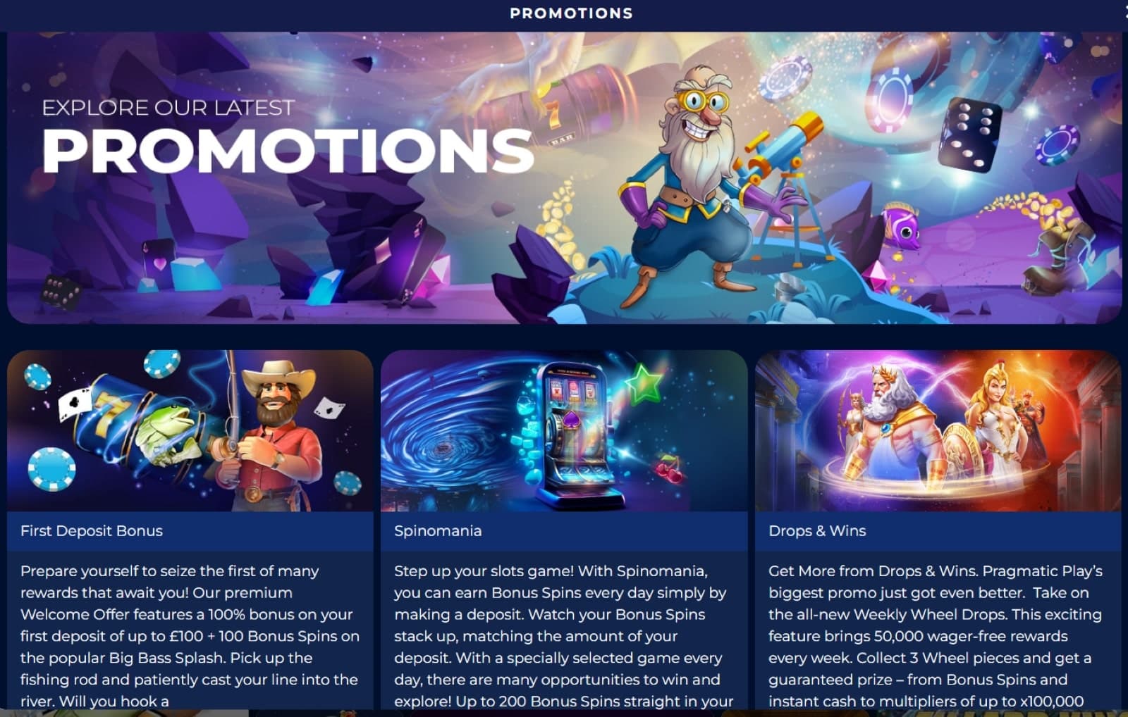 Winomania Casino promotions page with the first deposit bonus of 100 gbp , Spinomania and Drops and wins promotions