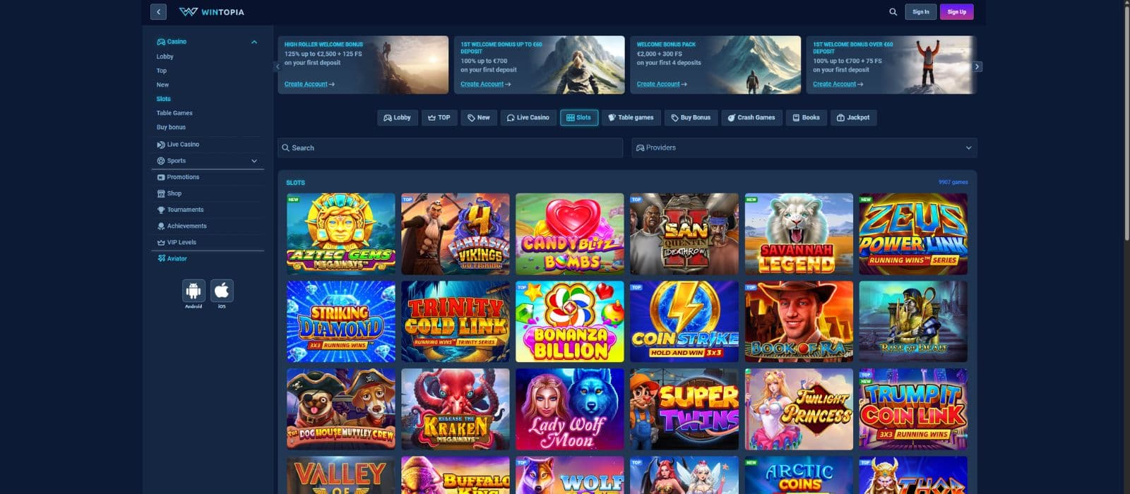 Wintopia Casino landing page showing bonus offers, selected slots and the main menu on the left side. 