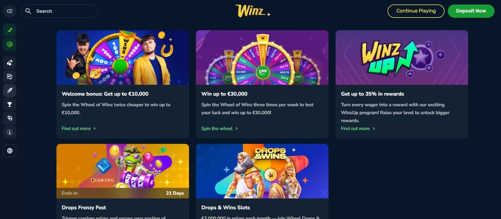 Winz.io Casino promotion page featuring the welcome bonus, Wheel of Winz, Winup loyalty rewards, Drop Frenzy Fest 