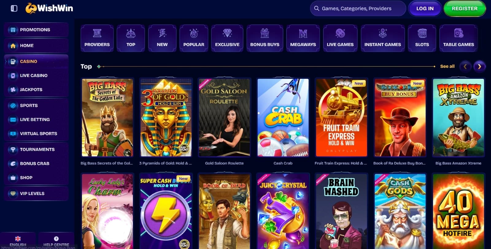 WishWin Casino games page featuring top slot games such as Big Bass Bonanza and 3 Pyramids of God