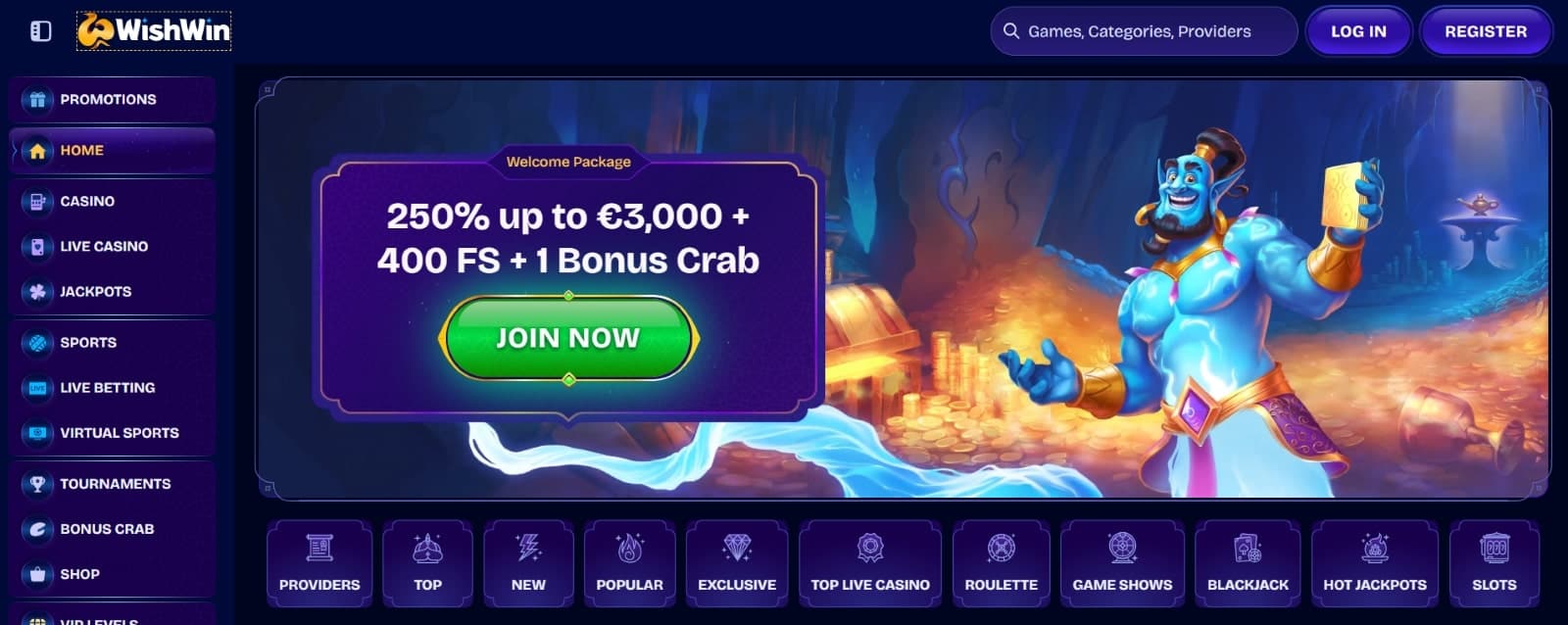 WishWin Casino landing page featuring 250% up to 3000 eur welcome bonus presented by blue genie character