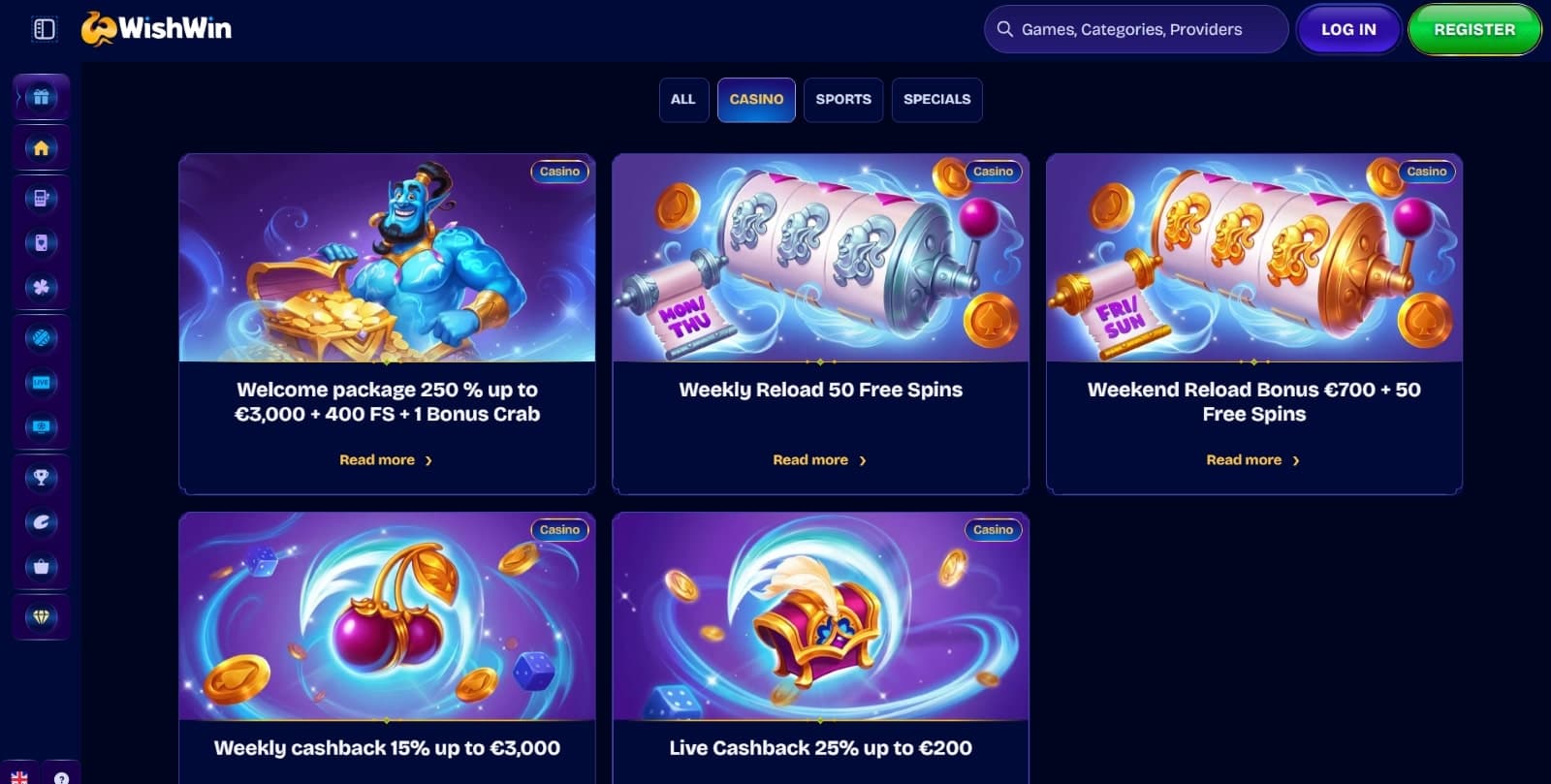 WishWin Casino promotions page featuring welcome bonus package, reload and cashback bonuses