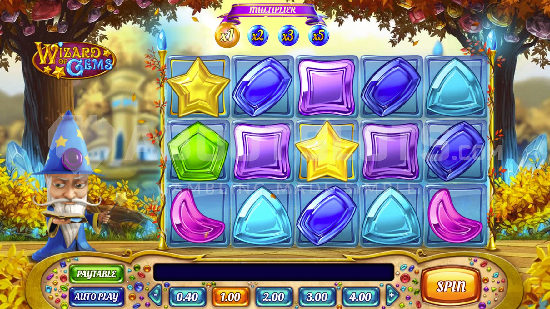 Base Game view of a 5x3 grid on a backdrop of a fairytale realm with a cartoon wizard standing on the left.