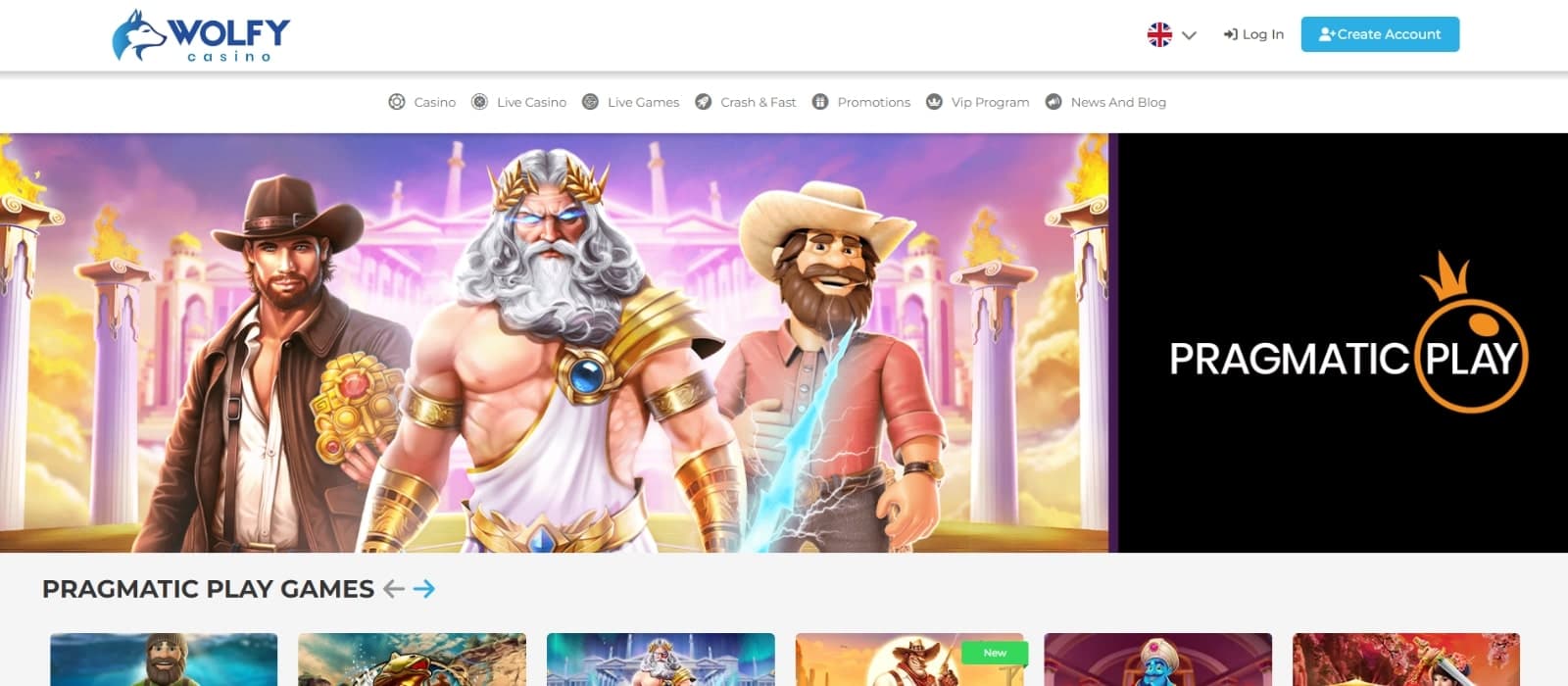 Wolfy Casino's welcome page featuring a promotion of Pragmatic play's games, Big Bass, Gates of Olympus and  John Hunter