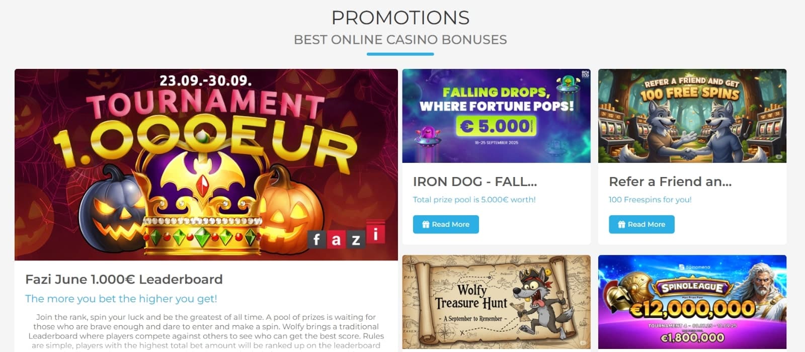 Wolfy Casino promotions page featuring tournaments, wager free welcome bonuses, reload bonuses, cashback offers