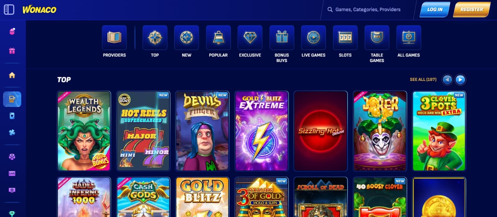 Wonaco Casino games page with top slots like Wealth of Legends