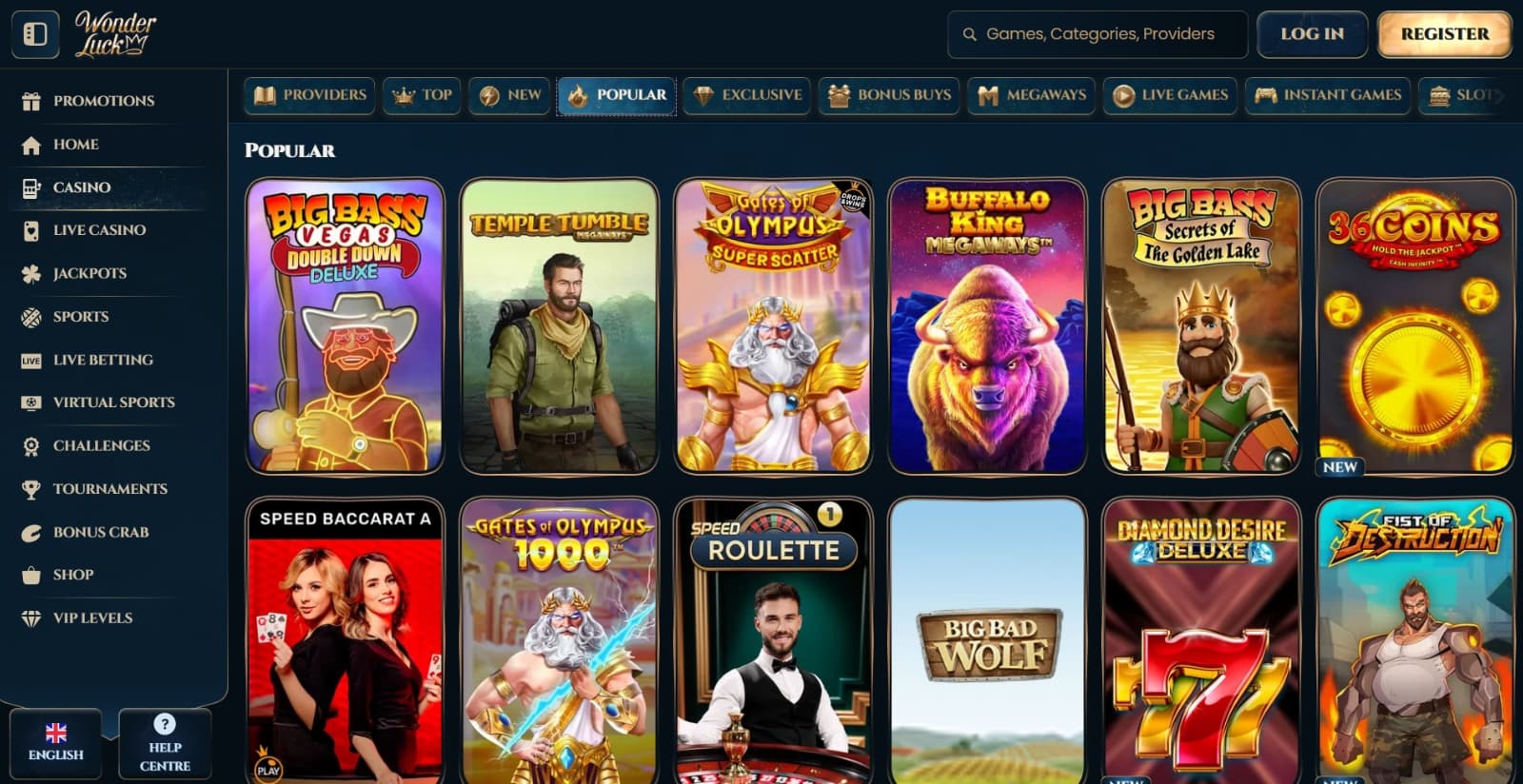 Wonderluck Casino's games page featuring slots and table games icons under the game category tabs 