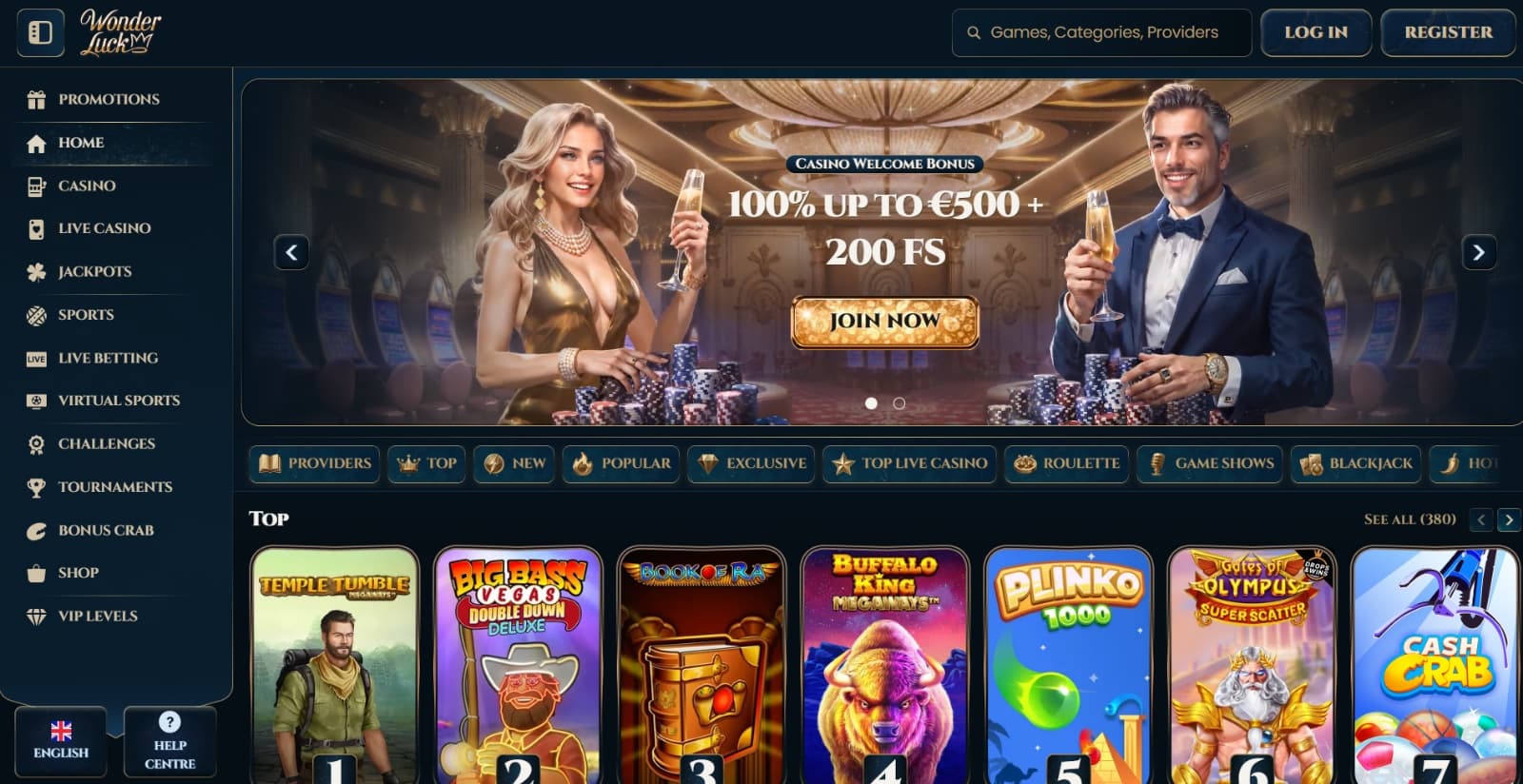 Wonderluck Casino's landing page with the 500 euro and 200 free spins welcome banner with an image of man and woman characters 