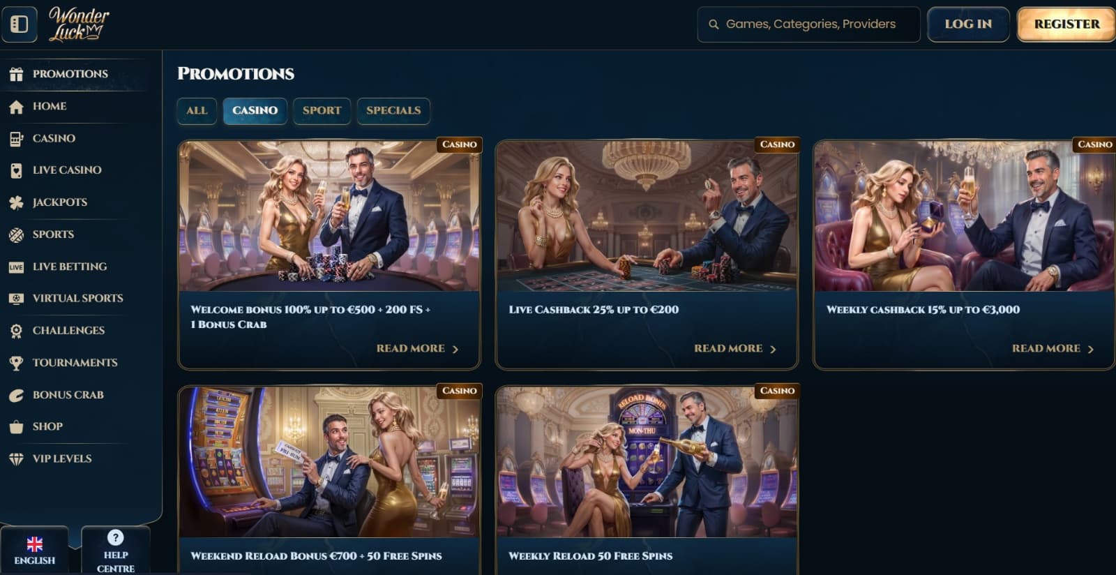 Wonderluck Casino's promotions page featuring the welcome offer, reload offers and cashback bonuses with their respective banners