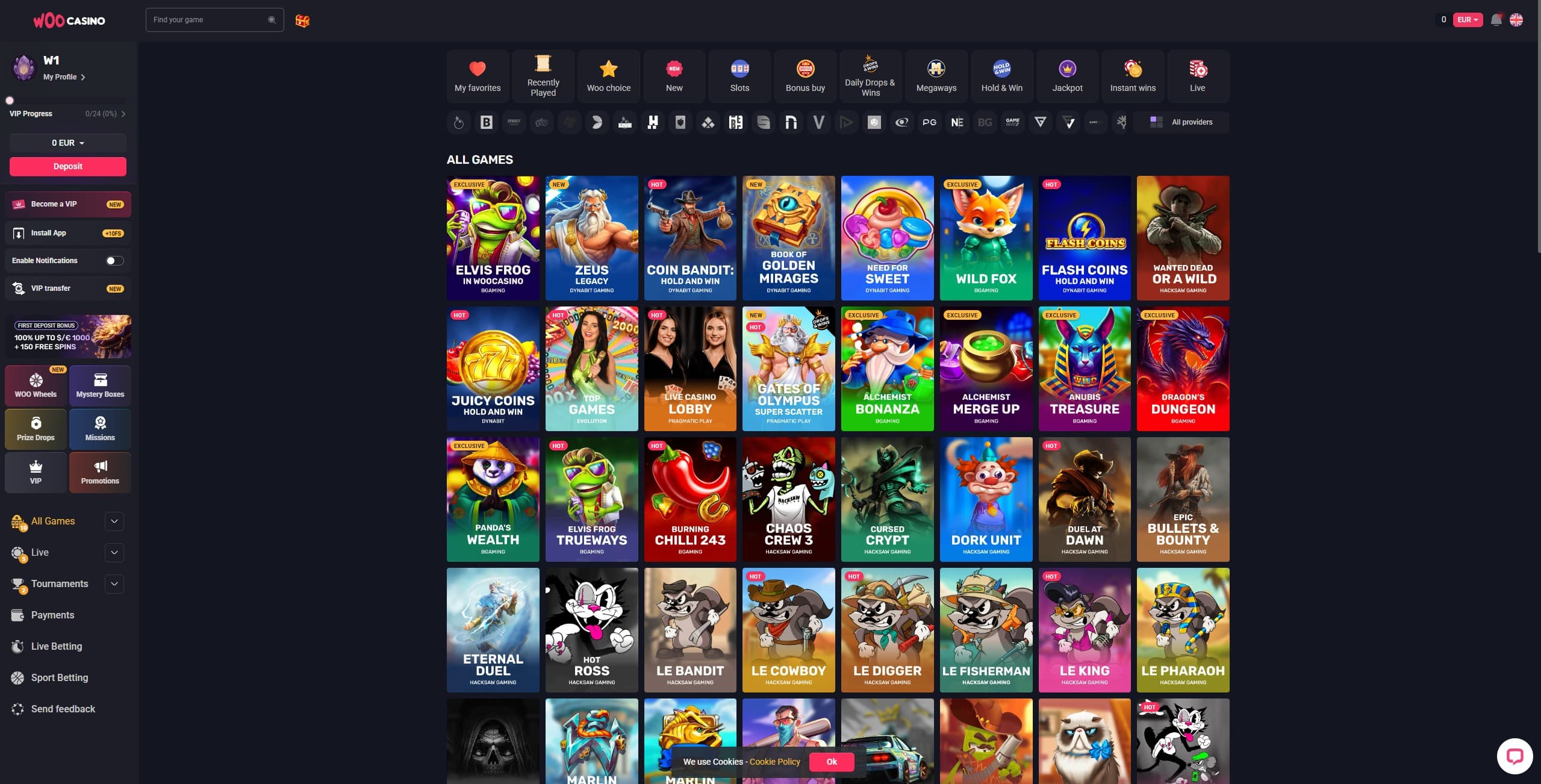 Woocasino Games Page showing a selection of slot games and game providers