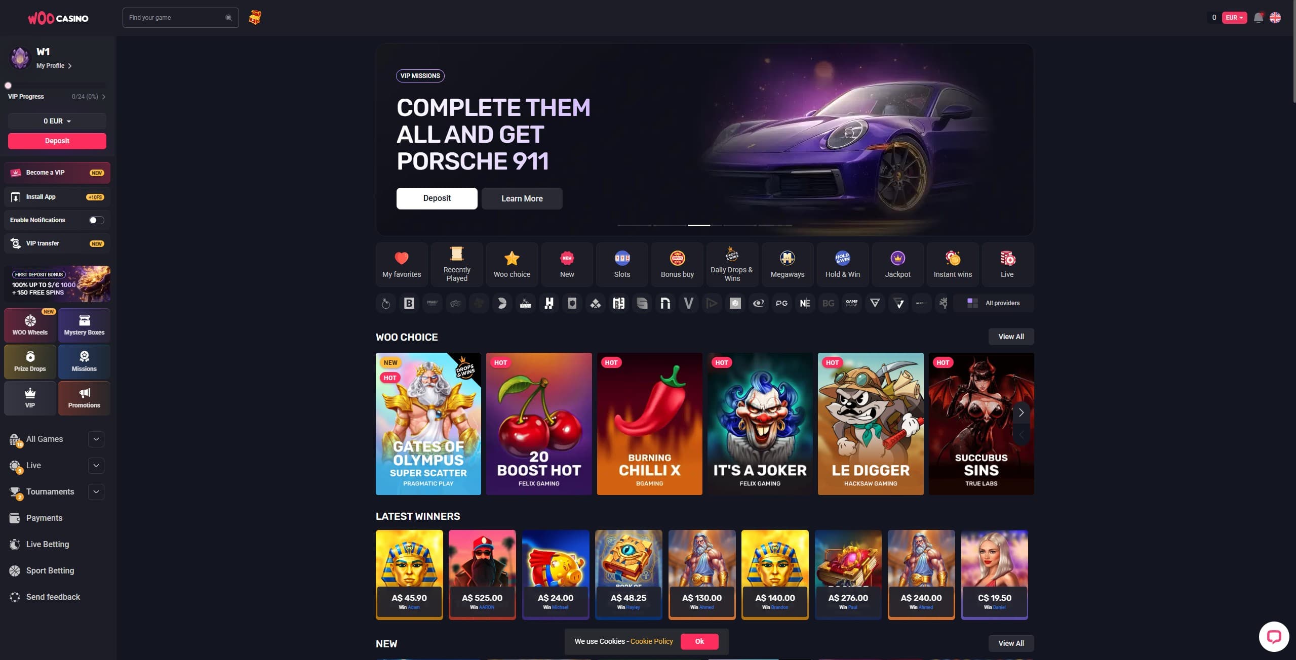 Woocasino Landing Page showing a selection of games and the main menu