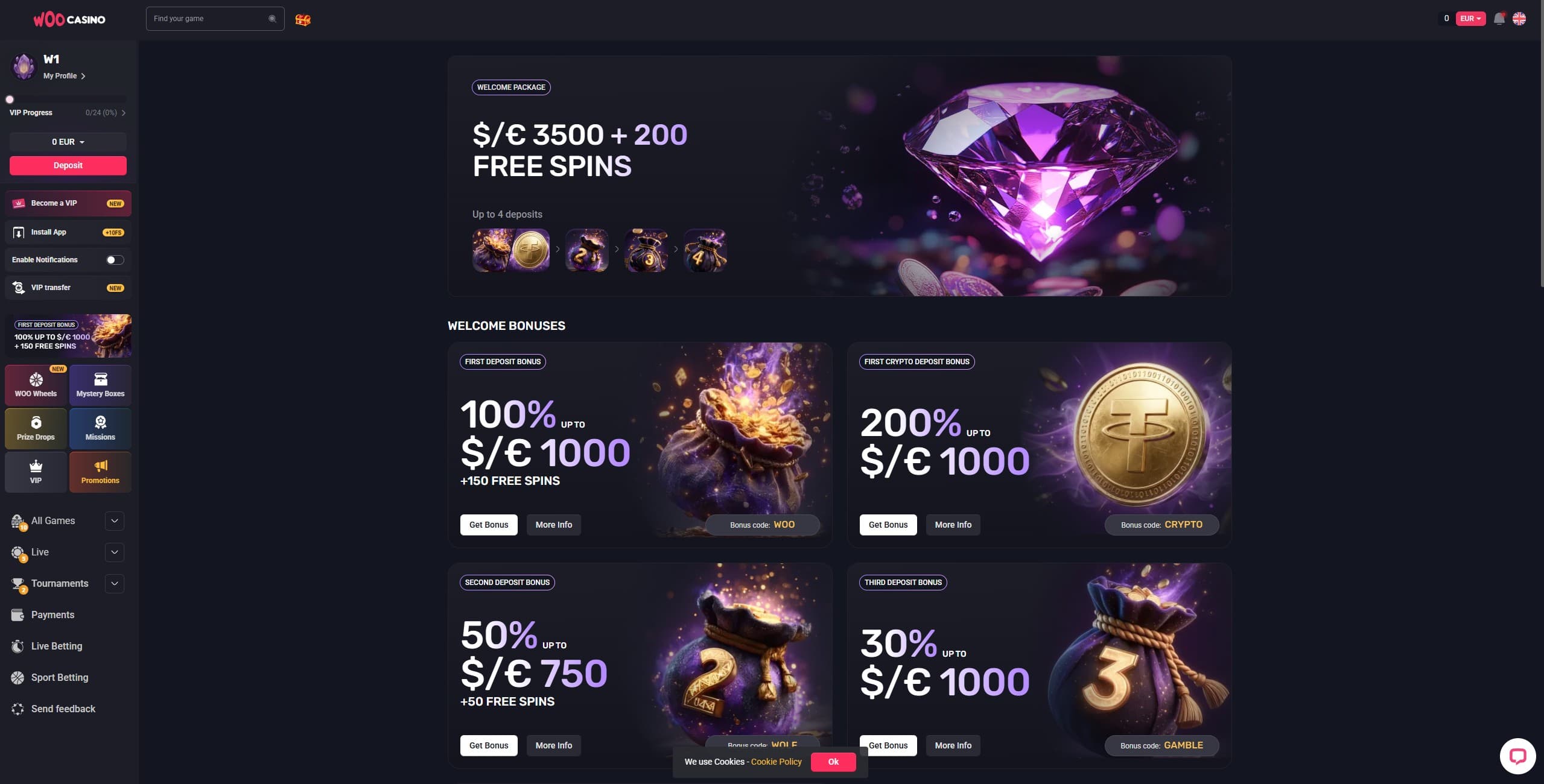 Woocasino Promotions Page showing the available bonuses and promtions