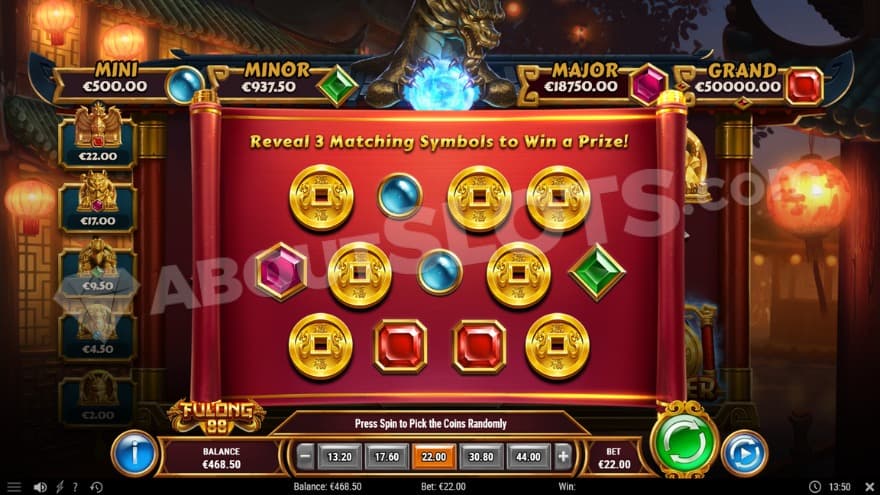 Bonus game feature with various coins and gemstones to pick from.