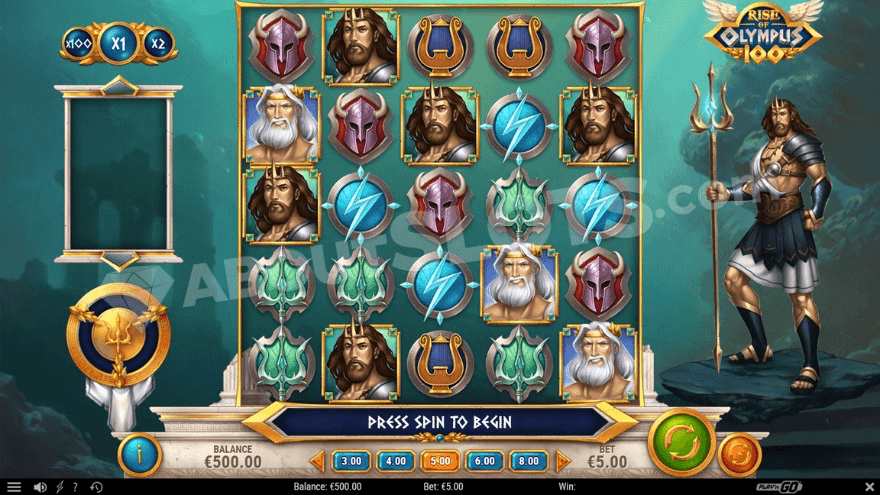 Grid of Rise of Olympus slot with spinning reels and an animated character with a trident.