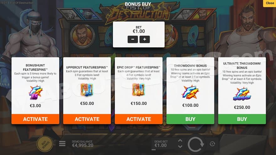 A menu where the player can purchase Free Spins and other features.