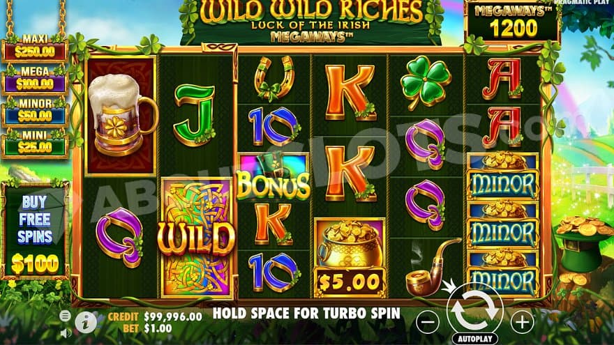 Symbols of beer glasses, pipes, and four-leaf clovers among royals on the six reels.