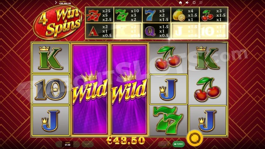 Win Spins feature with two expanding wilds on the second and third reels.